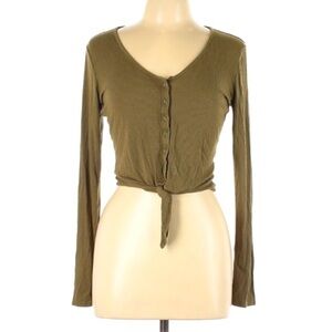 Nollie ribbed long sleeve front knot scoop neck Fitted top Large Olive green